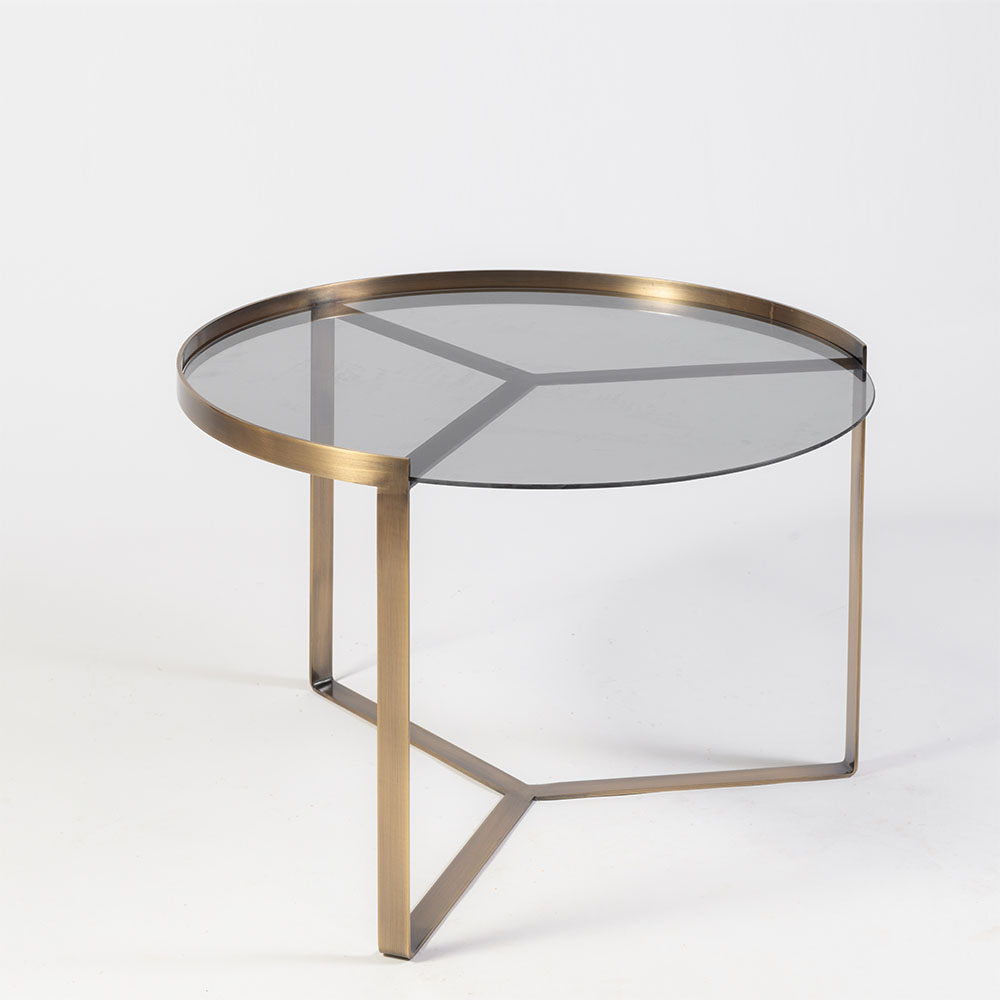 שולחן סלון עגול עשוי זכוכית, גוף השולחן צבע פליז